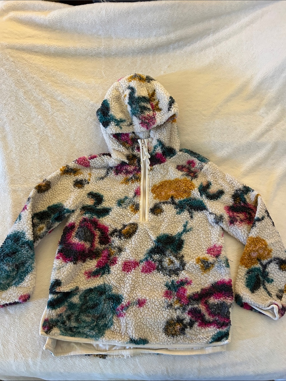Anthropologie Cream Sherpa Hoodie with Teal, Magenta & Mustard Floral Pattern